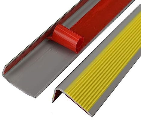 1M Bullnose Stair Anti Slip Nosing Self-Adhesive Vinyl Edging Strip,Non Slip Step Trim,PVC Rubber Angle Stair Edge Trim(50x25mm,Grey with Yellow)