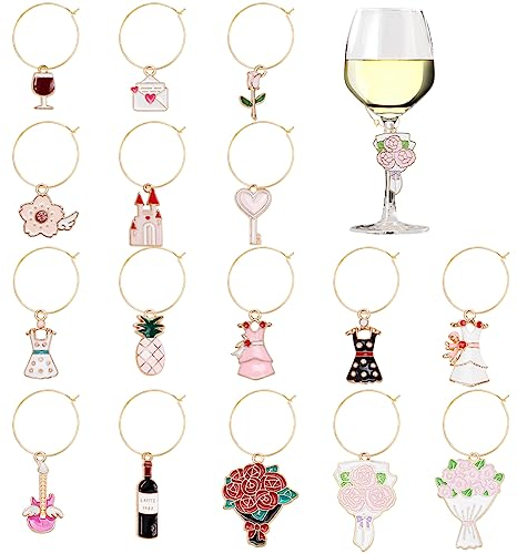 BENECREAT 16Pcs Wedding Theme Wine Glass Charms, Rose Flower Dress Heart Key Drink Markers Tags Identification for Wedding Party Wine Tasting Party Stem Glass Decoration