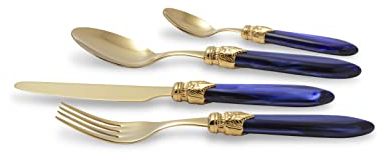 Rivadossi Sandro 43OR16S05 Set di Posate per 4 Persone, 16 Pezzi-Laura-100% Made in Italy, Artigianalità e Design, Acciaio Inox 18/10, Oro Blu
