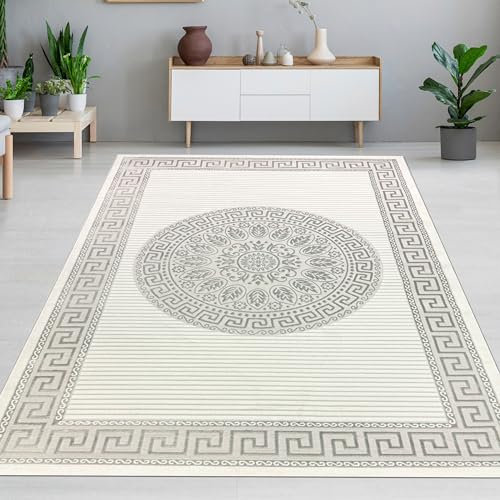 CARPETIA Wohnzimmer-Teppich Schlafzimmer Kurzflor orientalisch glänzend Flur Läufer lang elegant Creme grau 100x300 cm