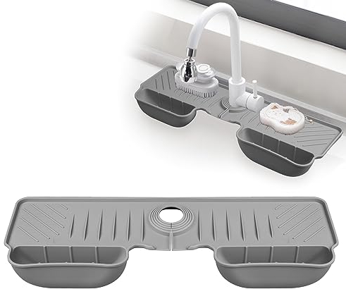 OKeanu Silicone Faucet Mat, Faucet Sink Splash Guard Mat Kitchen Sink Draining Mat Around Tap, Silicone Faucet Handle Drip Catcher Tray, Drying Mat For Kitchen & Bathroom Countertop Protect-Gray