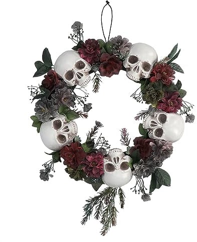 Boland 73071 - Blumenkranz mit Totenkopf Deko, 40,5 x 7 cm, Türkranz als Halloween Deko, Horror Deko für Karneval und Mottoparty