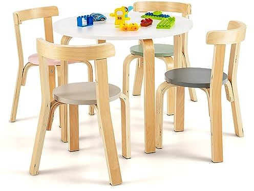 LIFEZEAL Kindertisch mit 4 Stühlen, Kindertischgruppe aus Massivholz, 5 teiliges Kindermöbel, Kindersitzgruppe ab 4 Jahren, für Kinderzimmer & Kindergarten (Protokollfarbe)