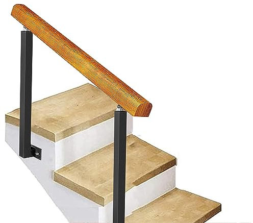 Mains courantes à 3 marches pour marches extérieures à montage latéral, rampe d'escalier en fer forgé noir barre de support de sécurité antidérapante main courante en bois avec 2 piquets réglables ( C