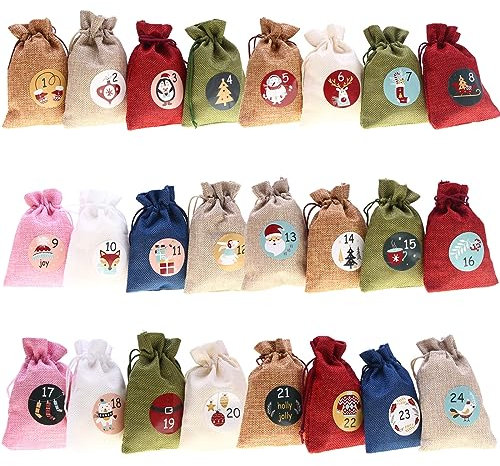 8 Farben Adventskalender zum Befüllen 24 Weihnachten Geschenktaschen 1-24 Zahlenaufklebern Jute Kordel Jutebeutel Weihnachtskalender