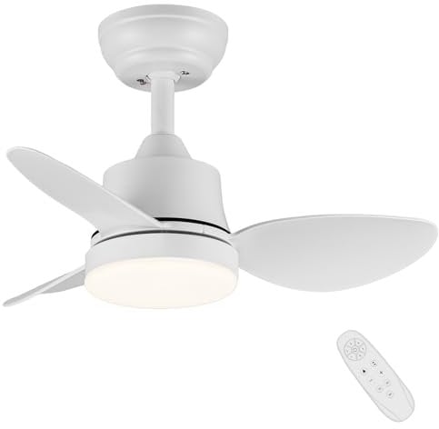 Newday 24inch Small White Ceiling Fan with Light and Remote Control, Diammable LED Ceiling Fan Lights, Ceiling Fan with 3 Blades Quiet DC Motor 6 Speeds Memory Function for Bedroom Living Room