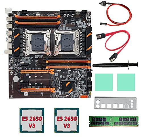 LAUGHERER Carte mère double CPU + 2 x E5 2630 V3 + DDR4 4G RECC RAM + câble SATA + déflecteur LGA 2011 8 x DDR4 Support CPU 2011-V3