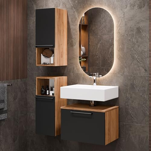 Planetmöbel Astra Badezimmer Unterschrank Waschbeckenunterschrank 60 cm mit 2X Midischrank Gold Eiche Anthrazit, Spiegel (mit LED) 50cm