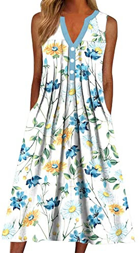 WVONIF Robe Longue Ete Femme Boheme Chic élégante Sexy Robes Courte D'été Cou Rond sans Manches Imprimé Floral Bohème Grande Taille Pas Cher 2023 Mode Rétro Mini Jupe De Plage Robe Rose Poudré Femme