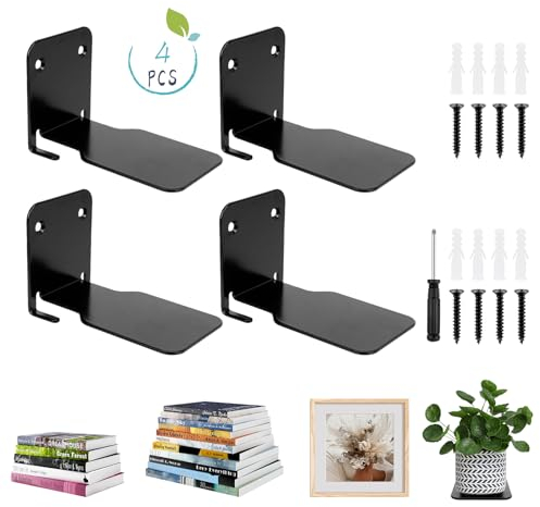 Dadabig Étagère Murale Livre, 4Pcs Étagère Murale Flottante en Acier Inoxydable, Bibliothèque Flottante Invisible avec 1 Tournevis, Tablette Murale Fixation Invisible pour Livres(Noir)