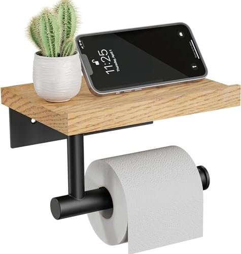 Tindbea Porte Papier Toilette Mural avec étagère Tablette, Support Mural en Bois pour Rouleau de Papier Hygiénique, Accessoires de Salle de Bain en Acier Inoxydable Noir Mat (Chêne Rouge)
