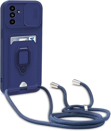 Yzniyzce kompatibel mit Samsung Galaxy A55 5G 6,6 Hülle mit Band, Schiebe Kameraschutz, Silikon Handyhülle zum Umhängen Kette Kartenfach, 360 Grad Metall Ring Halter Stand Case, Blau