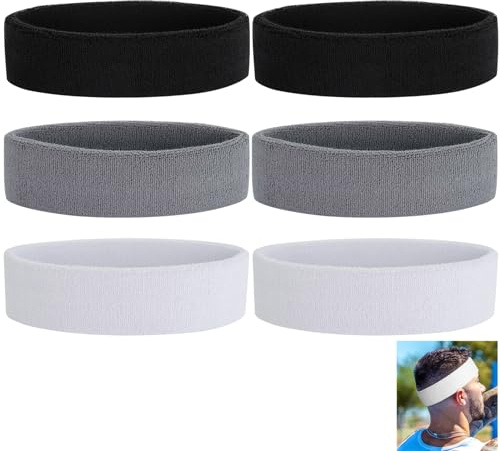 SVUPUE 6 Stück Schweißbänder Elastische, Schweißband Sportstirnband, Schweißband Stirnband Männer & Frauen, 18 x 5 cm, für Fußball Basketball Tennis Gymnastik, 2 Schwarz+ 2 Grau + 2 Weiß
