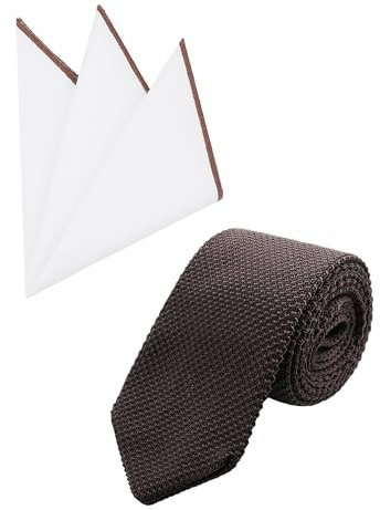 WANYING Herren 7cm Schmale Strickkrawatte & 24cm Einstecktuch Sets - Gestrickte Narrow Krawatte Binder Schlips Knit Tie - Dunkelbraun Krawatte 01