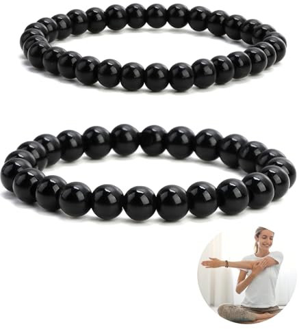 2 Noir Obsidienne Bracelet, Bracelet perle ronde Obsidienne Noire Perles Rondes en Cristal Bracelets noire Ajustable pour Femmes Hommes Personnalisée À La Main Cadeau Anniversaire (Set A)