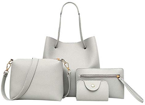 Zirkeltraining Taschen 4 Stücke Frauen Muster Lederhandtasche + Umhängetasche + Umhängetasche + Kartenpaket Laufjacke Damen Langarm Taschen (Grey, One Size)
