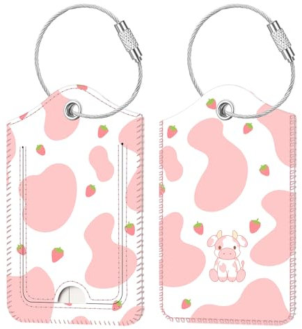[2 Stück] Fintie Kofferanhänger mit Adressschild, Kunstleder Gepäckanhänger ID Etikett mit Edelstahl Drahtseil und Namenschild für Reisetasche Koffer, Strawberry cow