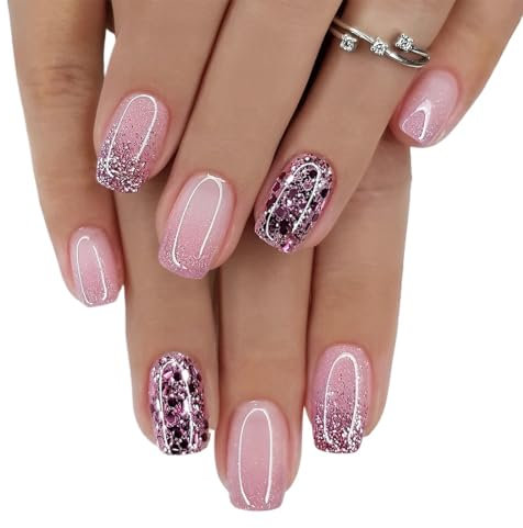 24 Stück Press on Nails Mittel, Rosa Glitzer Eckig French Künstliche Nägel, Acryl Full Cover Nägel Zum Aufkleben mit Nagelkleber Aufkleber, Fingernägel Kunstnägel Fake Nails für Frauen & Mädchen