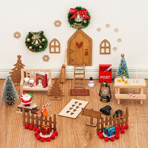 SKYVINWINE 68 Stück Wichteltür Set Weihnachten – Wichtel Set mit Zubehör DIY Deko Komplettset aus Holz & Kunststoff Wichtelzubehör für Kinderzimmer Adventskalender & Weihnachtsdeko