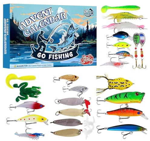 Xevinas Angel Adventskalender 2024, Weihnachtskalender Männer, 24 Angeln Köder Angelzubehör Set Adventskalender,Angler Geschenke Für Fischer Teenager Jungen Weihnachten Überraschung Geschenk (A)