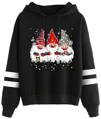 Grauer Hoodie Damen Damen-Hoodie mit weihnachtlichem, dünnem Oberteil, kontrastfarbenem, gestreiftem Kapuzenpullover und Sweatshirt mit Kordelzug Eiskunstlauf Jacke Mit Print (Black, L)