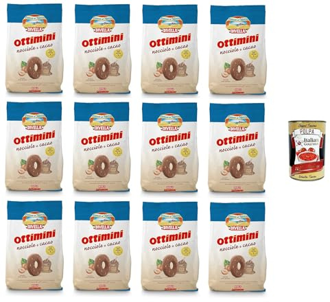 Italian Gourmet Ottimini Nocciole e Cacao biscotti Kekse 12 x 350g | Frühstückssnack da inzuppare, knusprig und aromatisch, für Milch, Tee oder, Gesamtnettogewicht 4,2 kg + Kostenlos Polpa 400g