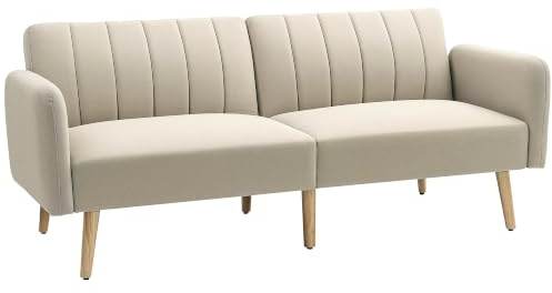 HOMCOM Canapé Convertible 2 Places Dossier Inclinable 3 Positions Beige | Design Scandinave, Pieds Bois, Tissu Aspect Lin
