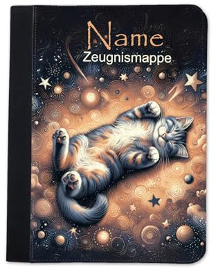 Zeugnismappe mit Namen | Zeugnismappe personalisiert | mit Klarsichthüllen A4 + | Urkundenmappe | personalisierte Dokumentenmappe mit Platz für U-Heft, Impfpass, Schwimmpass, Fahrradpass (Katze)