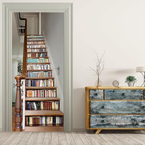 Türbekleben Treppen Bücherregal Türtapete, Selbstklebend TürPoster Treppen Bücherregal Türbilder, 3D Fototapete Türfolie Poster Tapete Türaufkleber Tür Tapeten 88 x 200 cm q2771