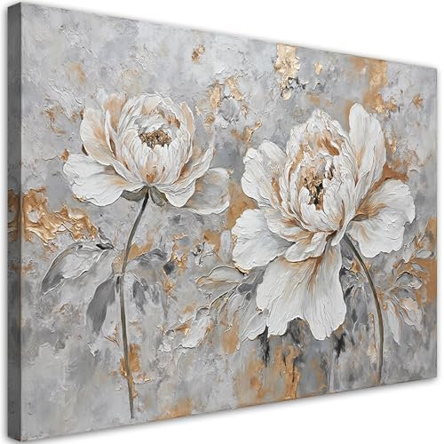 Feeby Leinwand Bilder - Rosenblüte Silber Gold - Vlies 60x40 cm - Deko Wohnzimmer - Wandbilder Schlafzimmer - Deko Aesthetic - Wand Deko - Leinwand Groß - Deko Zimmer - Leinwandbilder XXL