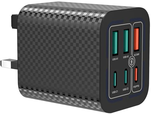 USB C Plug - 50W 6-Port Fast Charger Plug UK PD Power Adapter + QC Wall Charger Plug, Multiport Type C Charging Plug for iPhone for Samsung(Black)