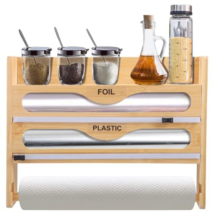 Folienschneider Frischhaltefolienspender, 4-in-1 Alufolienspender aus Holz mit Schneider Küchenrollenhalter Wandrollenhalter Folien-Organizer für 3 Rollen, mit Papierhandtuchhalter und Gewürzregal