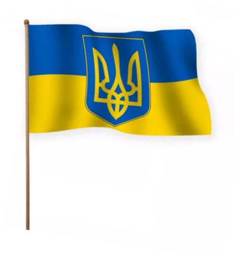 Stockflagge/Stockfahne UKRAINE mit Dreizack Wappen Flagge/Fahne ca. 30 x 45 cm mit ca. 60cm Stab/Stock