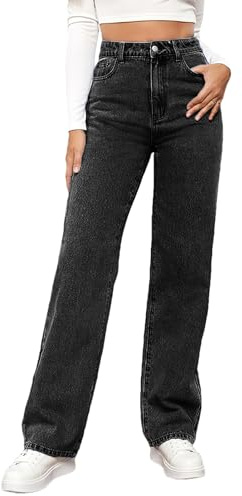 Jamron Donna Jeans a Gamba Dritta a Vita Alta Pantaloni Denim Casual a Gamba Larga Nero L