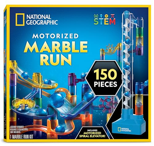 Blue Marble NATIONAL Geographic Murmelbahn mit Motoraufzug – 150-teiliges Set mit motorisierter Spirale, 30 Glasmurmeln, Aufbewahrungstasche & Zubehör, Endlosschleifen-Spiel, Mint-Bausatz für Kinder
