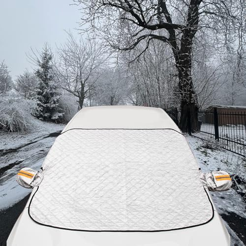 HongFuFu 147×100 cm Windschutzscheibenabdeckung mit Spiegelabdeckungen und reflektierenden Streifen – Magnetische Frontscheibenabdeckung für Schnee und Sonne, 4-Schicht-Allwetterschutz
