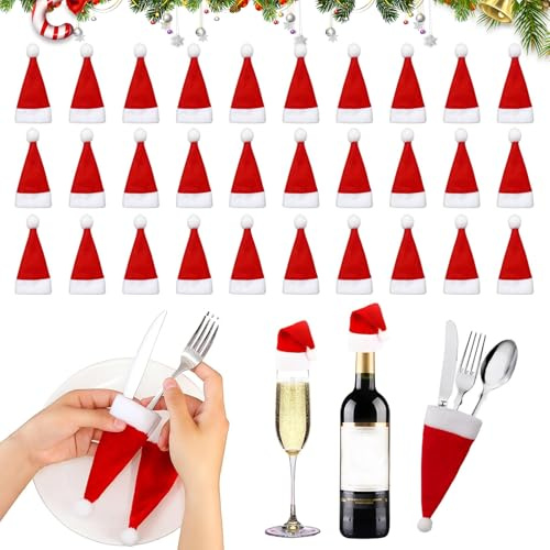 FMKLDENA 30 Stück Mini Weihnachtsmütze, Weihnachtsmann Mütze Besteckhalter, Kleine Weihnachtsmützen, Weihnachten Lollipop Hut, für Besteck Tasse Flasche, DIY Xmas Home Party Tischdekoration