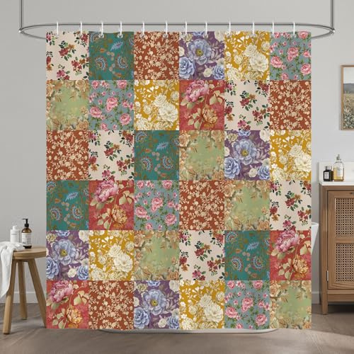COZZSNUGE Rideau de Douche Vintage Patchwork Fleurs, Rideau de Baignoire Floral Boho Ferme Coloré Rétro 180 x 180 cm Polyester Imperméable Résistant à la Moisissure 12 Crochets