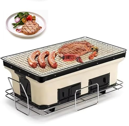 Tragbarer japanischer Holzkohle-Keramikgrill - Indoor/Outdoor Grill mit Lebensmittelzange, perfekt für Camping, Heckklappe und Gartenkochouts, einfach zu bedienen und zu reinigen