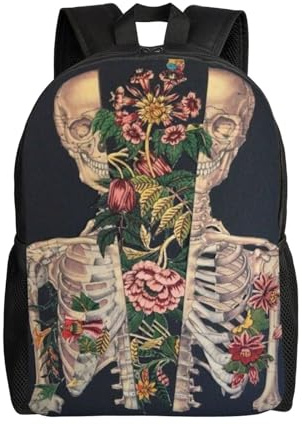 kkvhhyuo Sac à dos léger imprimé champ de fleurs coucher de soleil pour ordinateur portable, sac à dos décontracté pour l'école, le collège, l'école, la randonnée, la marche, Tête de mort squelette