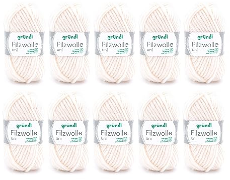 Gründl Wolle Filzwolle uni - Dicke Wolle zum Filzen in der Waschmaschine - Strickgarn zum Filzen - Weich und hautfreundlich - 100% Schurwolle - 10 Knäuel 50 g /50 m -Nadelstärke 8-9 - Creme