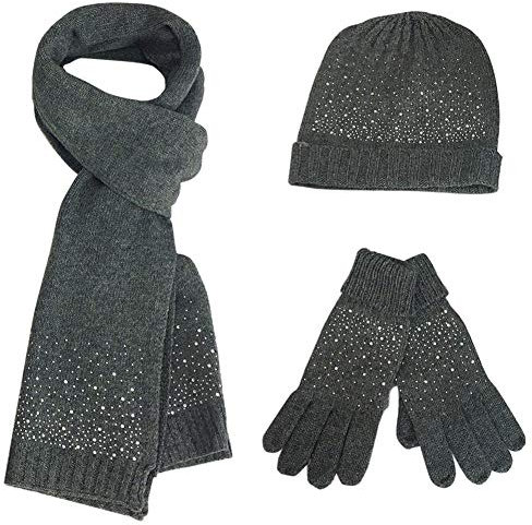 FEOYA Damen 3 teiliges Winter Set mit Strickmütze Schal Handschuhe Verdickt Gestrickt Beanie Kappe Hut