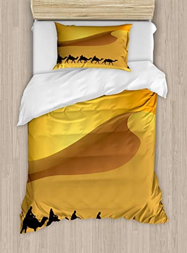 ABAKUHAUS Düne Bettbezugs Set für Einzelbetten, Kamel-Wohnwagen Sahara-Wüste, Milbensicher Allergiker geeignet mit Kissenbezug, 130 x 200 cm, Dunkelgrau
