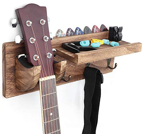 Bikoney Guitar Wall Mount Hanger with Shelf, Guitar Holder Wall with Pick Holder and 3 Hooks, Guitar Stand Wall for Acoustic, Electric, Bass, Ukulele, Carbonized Black [U.S. Patent]