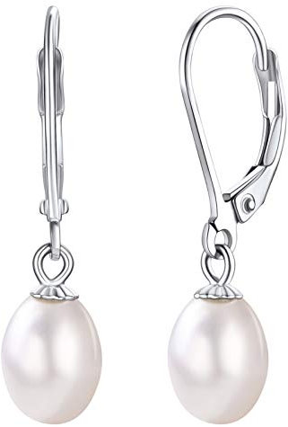 Silvora S925 Silber Ohrhaken Zuchtperlen Ohrhänger mit 8mm Tropfenformperlen Ohrringe Silberfarbe Damen Ohrstecker Basic Perle Ohrringe Geschenke für Weihnachten Muttertag Geburtstag