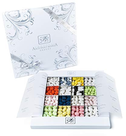 Arbues Confetti Artigianali con Ripieno, 800gr - 16 Gusti Assortiti. Degustazione, Confezione Regalo, Centrotavola, Confettata per Matrimonio, Anniversario, Laurea, Compleanno, Nascita ed Eventi Vari
