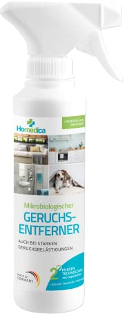 HOMEDICA Geruchsentferner Spray 250ml - Vegan & Made in Germany - Mikrobiologischer Enzymreiniger für Textilien, Polstern & Tierfellen - gegen unangenehme Gerüche