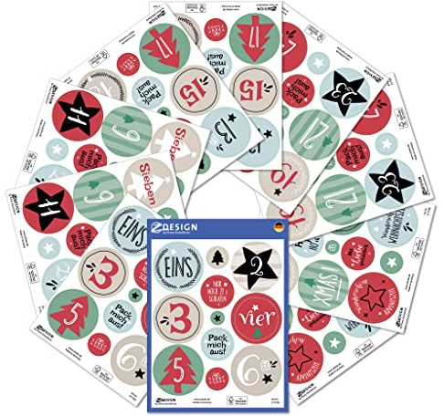 AVERY Zweckform Sticker Adventskalender Zahlen (Made in Germany, Aufkleber Weihnachten, selbstklebende Adventszahlen 1-24, DIY weihnachtskalender, Weihnachtsdeko, Tüten, Sternsticker, Geschenke) 51010