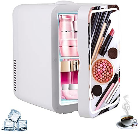 WMLBK Mini Fridge 8 Liter AC/DC Portable Beauty Fridge, portable makeup refrigerator with LED light makeup mirror, small and quiet, freezer, home/car beauty and skin care, gifts for girls