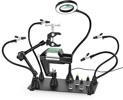 Magnetic Helping Hands Soldering Third Hand, PCB Circuit Board Holder with 3X LED Magnifying Lamp, 360 Hot Air Gun Holder, Extra Large & Heavy Duty Base Plate | Flexible Arms for Soldering Station